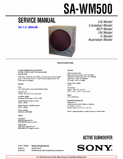 sony sawm500 sawm500 subwoofer service manual